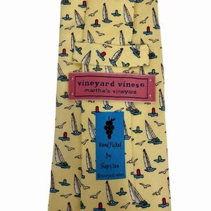 Vineyard Vines Men's Tie Nautical Sailboats & Birds Yellow Silk 3.25" x 58" guc
